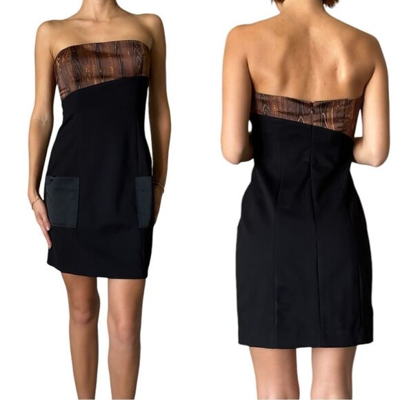 NWT Staud Sample Mini Brown Black Dress Strapless Size 4 - Picture 1 of 13